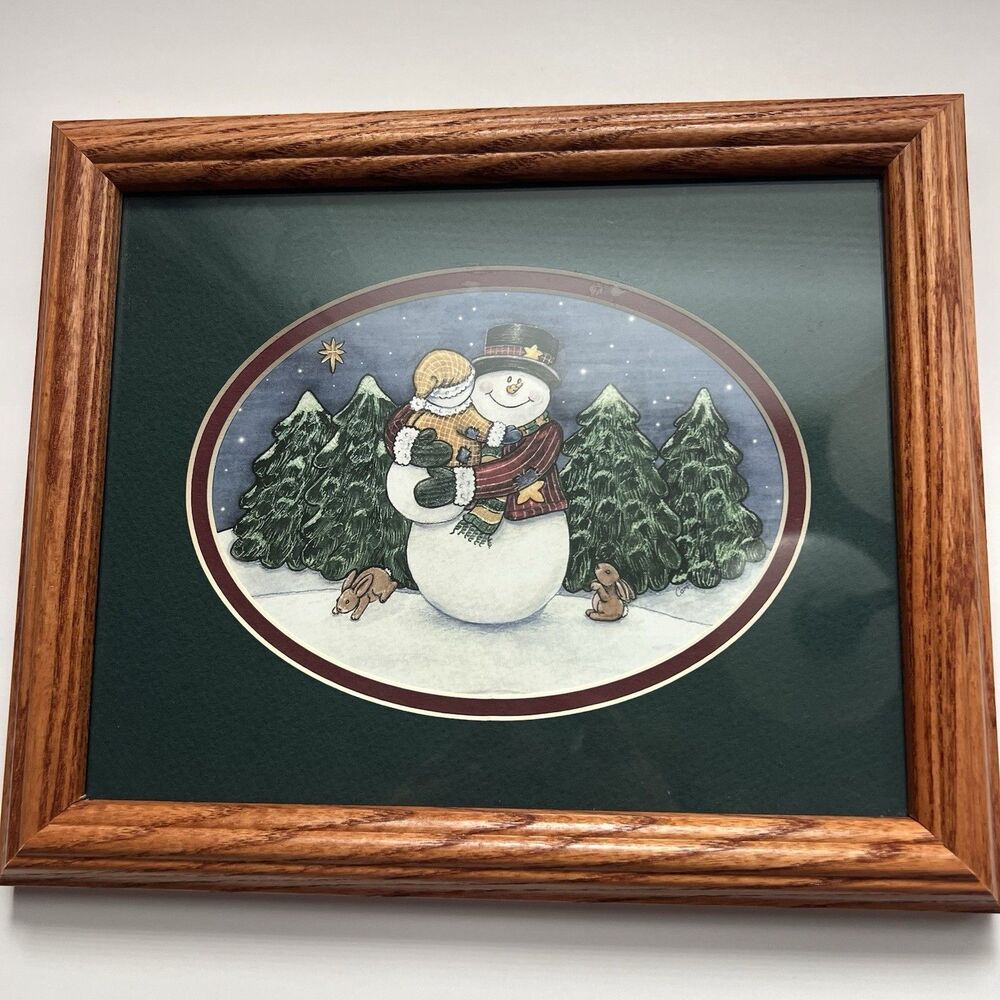 Vtg Home Garden Party Snowman Snuggles Snowflakes Framed Art Print Christmas